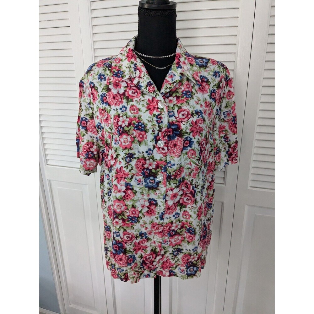Classics Jantzen Top Womens L Vintage Floral Multi Short Sleeve Button Up Shirt